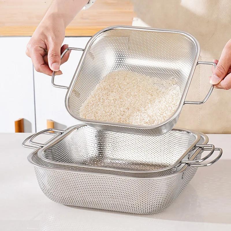 Stainless Steel Drain Basket Sink Mesh Strainer Colander Wash Fruit Vegetable Basin with Handle Portable Kitchen Drainer Rack