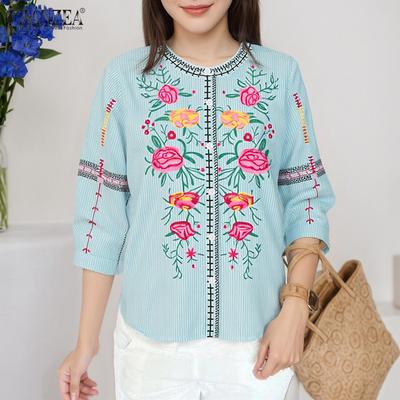 Женская повседневная блузка с цветочным принтом, рукавом 3/4 и свободным полосатым узором