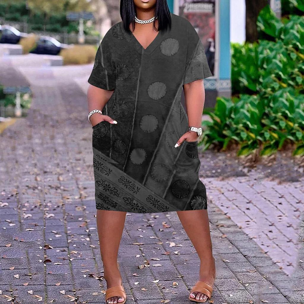 Лето плюс размер V-образным вырезом с короткими рукавами и карманами до колена с принтами повседневное платье для женщин