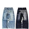 Mens Relaxed Fit Washed Denim Jeans With Vintage Letter Print Streetwear Wide Leg Trousers