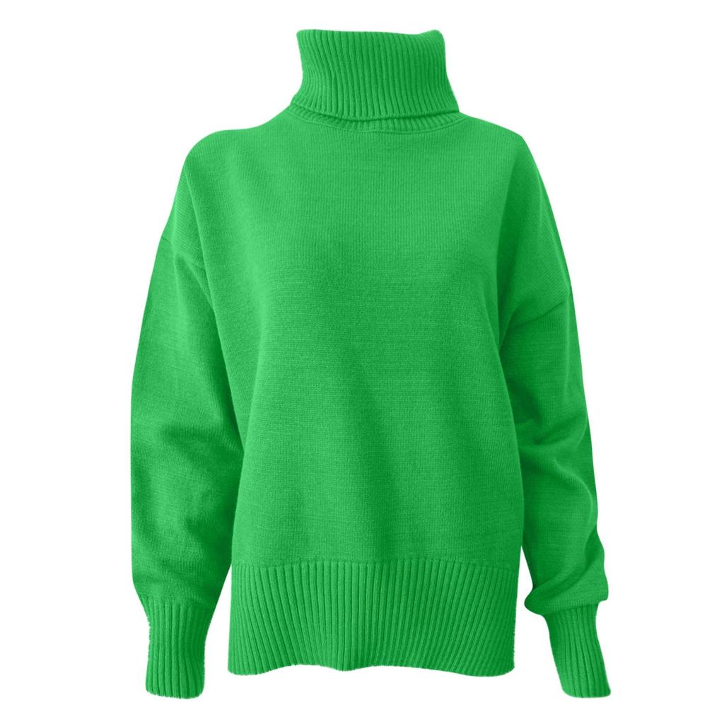 Women's Turtleneck Sweater Solid Color Loose Long Sleeved Jumper Knitted Sweater Soft Pullover