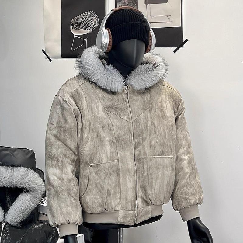 Мужская толстовка с капюшоном и принтом тай-дай 2025 года с меховым воротником - Модная, плотная и теплая хлопковая верхняя одежда