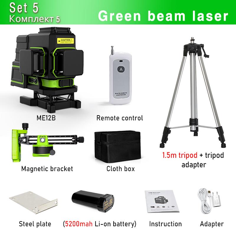 3D 12 Lines Multi-functiona Professional Green Laser Level with Remote Control and Rechargeable Battery