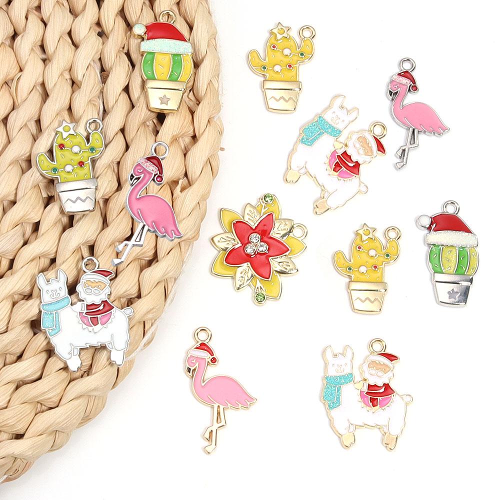 10pcs/lot Alloy Drop Oil Pendants Flower Alpaca Cactus Shaped Charm For DIY Fashion Christmas Necklace Earrings Jewelry Gifts