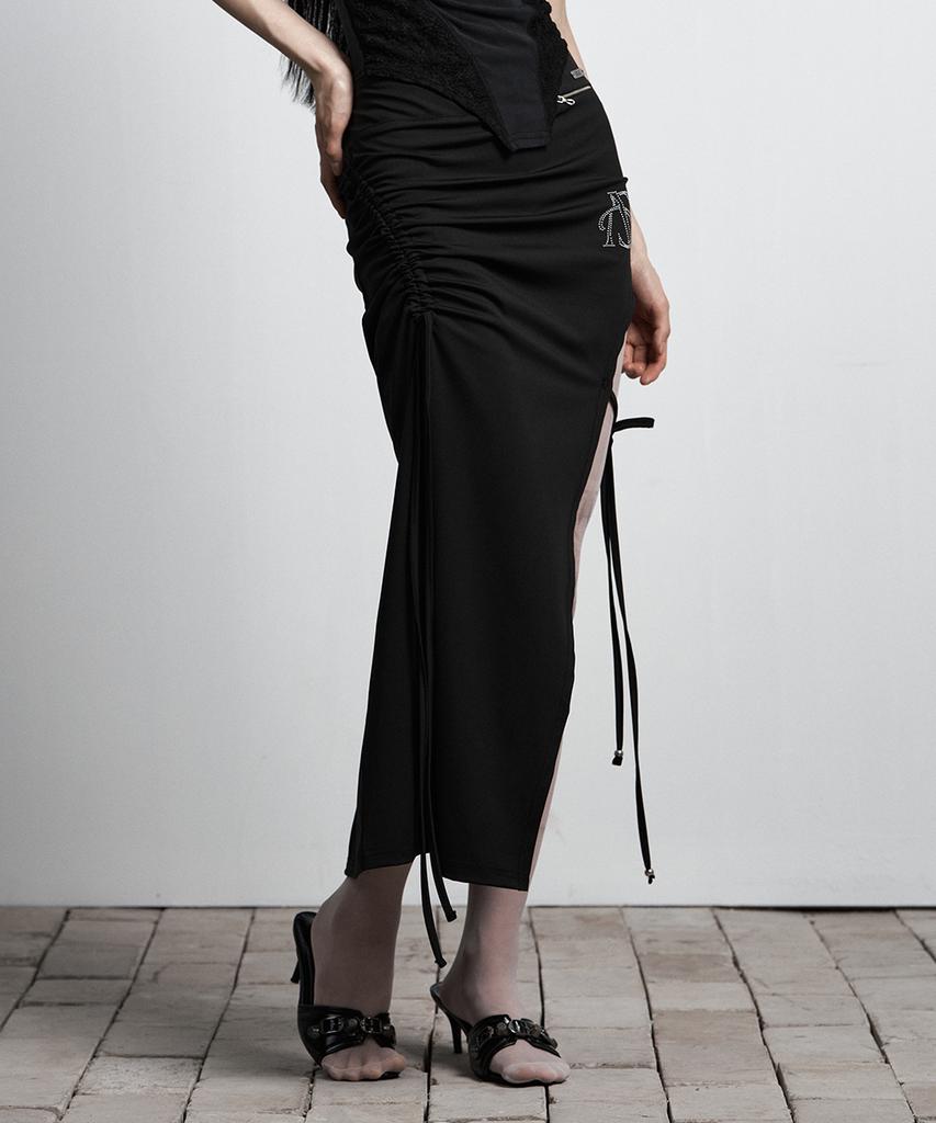 Aejeuyua Cut-Out Ribbon Long Skirt Black