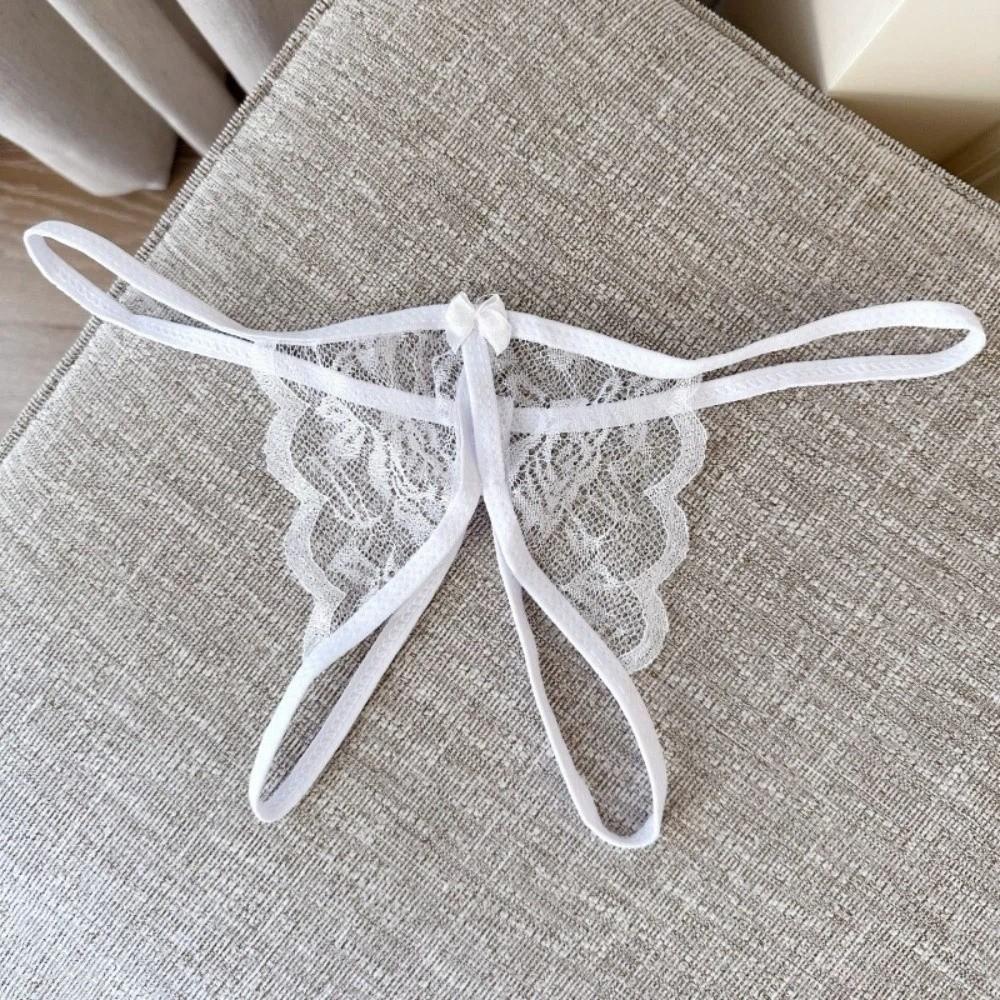 Open Crotch Bow Mesh Lace Panties Low Waist Thin Belt Thong Spicy Girl Style Lace Underpants Hotel