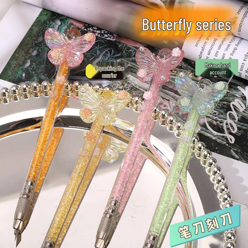 Exquisite Handmade Crushed Stone Butterfly Carving Pen Knife for Journals