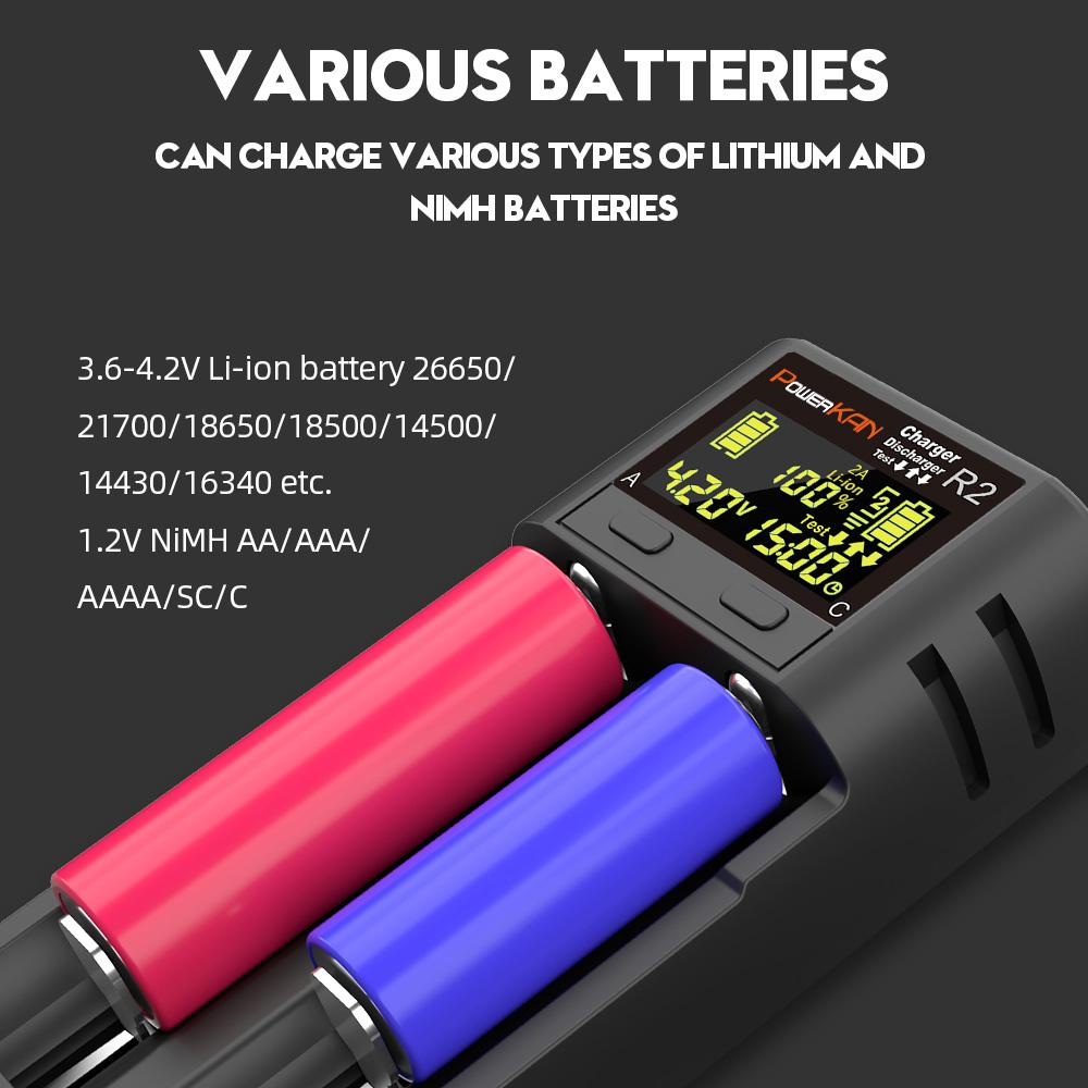 Зарядное устройство POWERKAN R2 с ЖК-дисплеем. Подходит для зарядки 2 литий-ионных аккумуляторов 3,7 В различных размеров и 1,2 В NiMH аккумуляторов AA AAA.