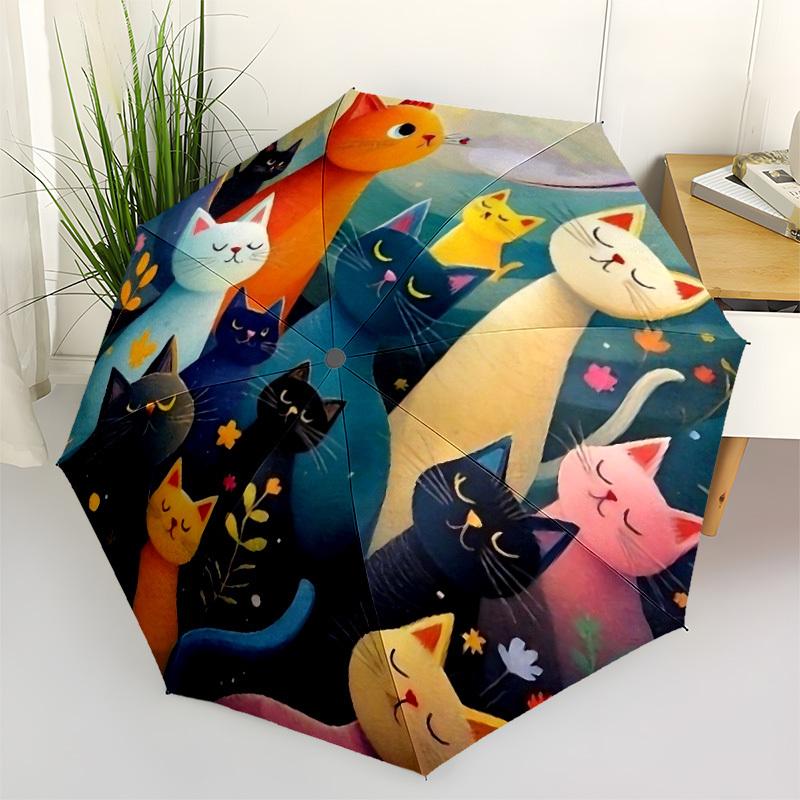 1 шт. Автоматический складной зонт Feline Fantasy Whiskered Wonderland, Автоматическое открытие/закрытие, Автоматическое складывание, Прочный каркас с 8 ребрами, Портативный для путешествий