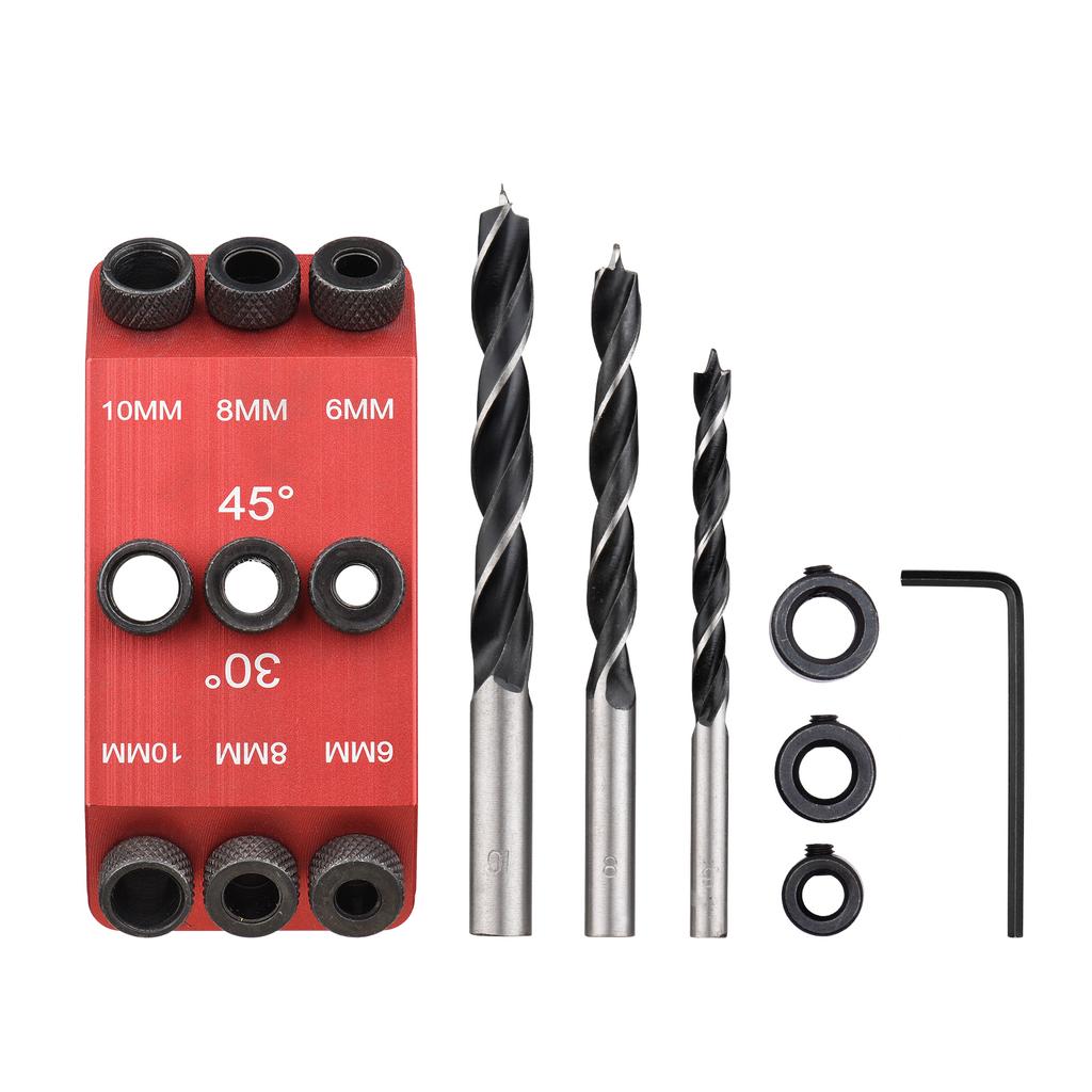 3pcs Drill Bits 6mm 8mm 10mm Drill + 30 45 90 Degree Guide Jig Drill Guide Pocket Hole Jig Woodwork Guides Multi Angle Positioner for Woodworking
