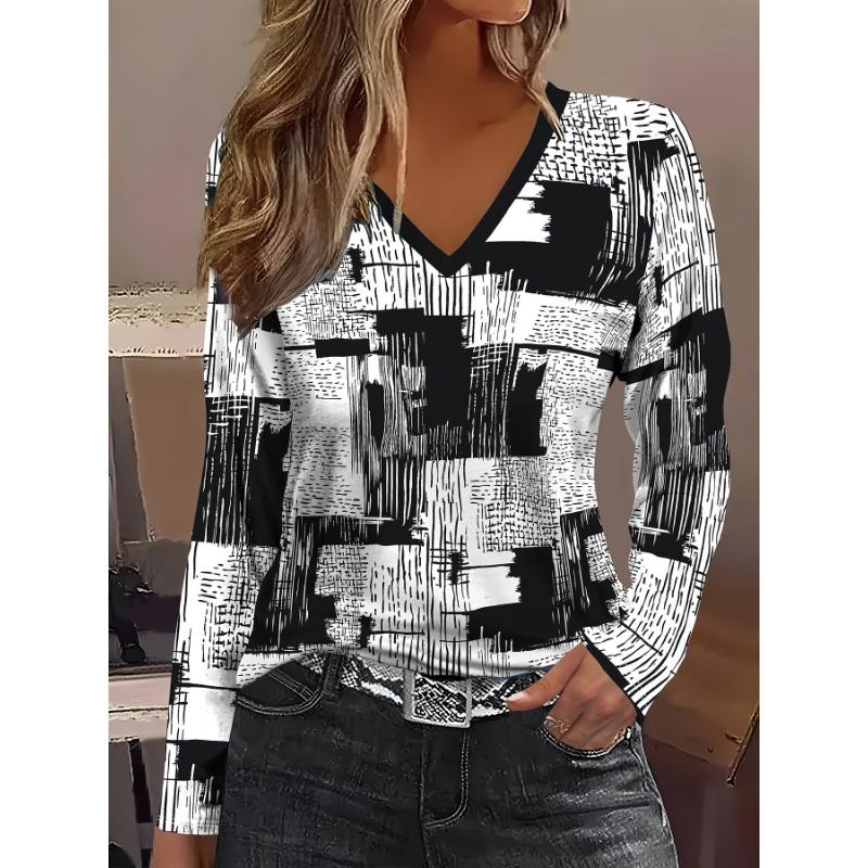 Fashionable High-quality Casual Geometric V-neck Long Sleeved Women's T-shirts