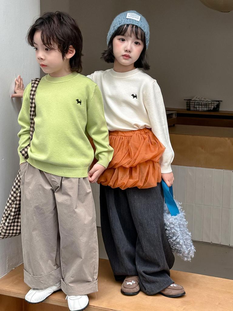 Детский вязаный свитер с круглым вырезом - Осень/Зима, Вышитый, Свободного кроя, Унисекс