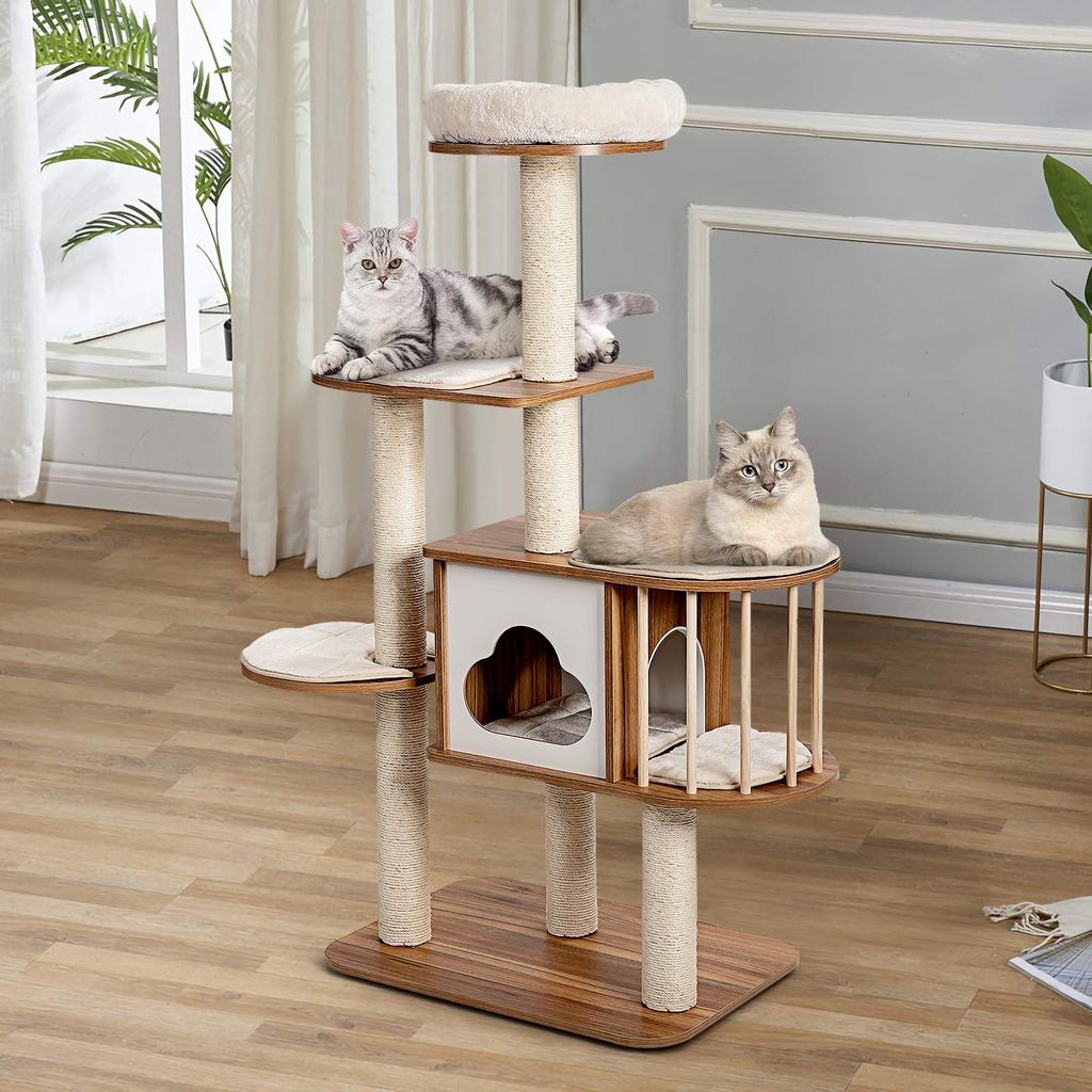 GYMAX Cat Height Wooden Cat Cat Cat For Multiple Natural Hemp Nail Nail Observation Sense of Eliminates Lack of Cat Cat Play Stylish Tower, 142cm,