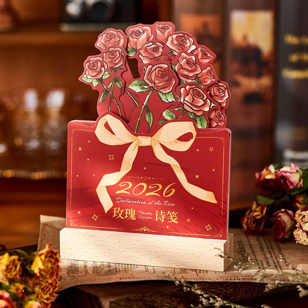 Simple 2026 Desk Calendar Card Insert Rose Painting Mini Calendar With Wooden Base Monthly Planner Desktop Decoration