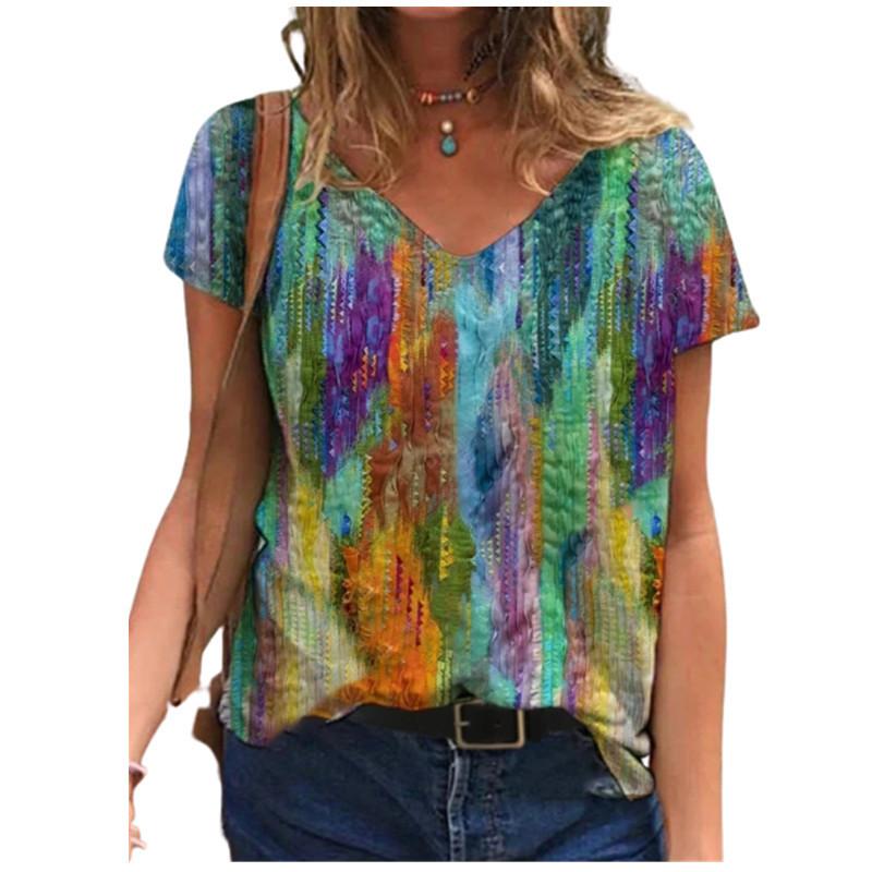 Футболки с V-образным вырезом, уличные футболки с 3D-принтом, свободная разноцветная футболка с короткими рукавами для женщин