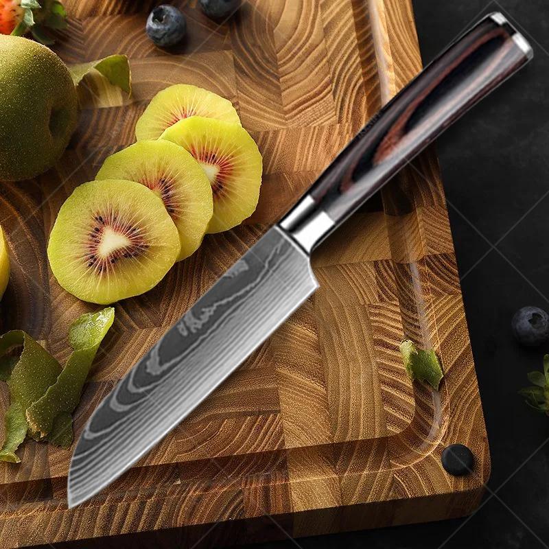 3pcs Stainless Steel Multi-purpose Knife Extremely Thin Sharp Fruit Knife Santak Carving Knife Color Tree Grain Handle Kitchen Quality Knife Set