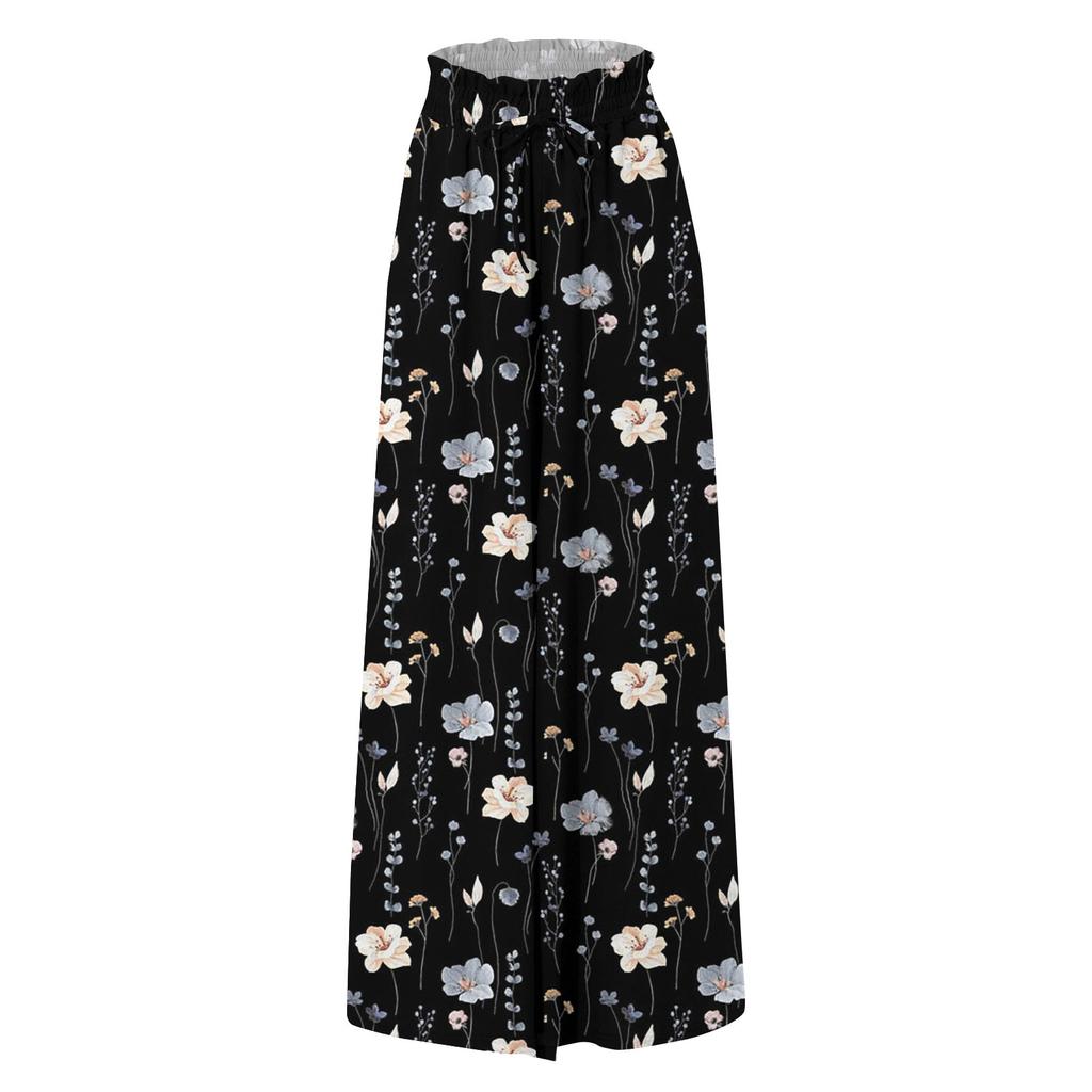 Женские широкие брюки с высокой талией, летние повседневные струящиеся брюки-палаццо, пляжные брюки с цветочным принтом и карманом