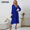 Autumn and Winter Women's Dress V-neck Long-sleeved Pleated A-line Dresses Mid-length Dresses