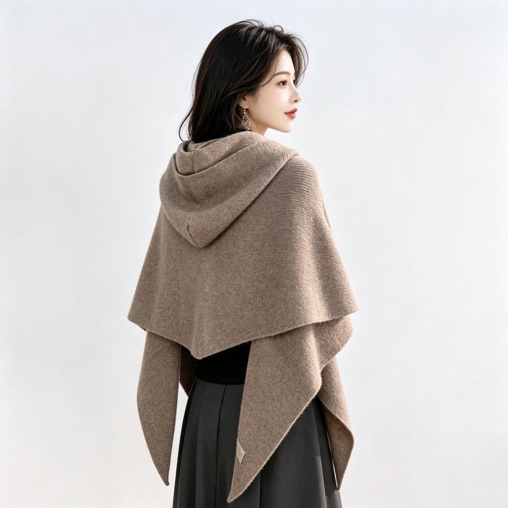 Thick Knit Hooded Triangle Scarf Wool Blend Women Shawl Warmer Solid Neck Collar Outdoor