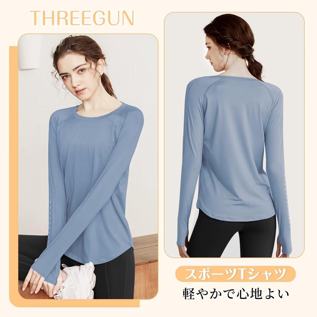 THREEGUN Yoga Long with Thumb Size M Women's Loose-Fit T-Shirt, Sleeve, Holes, Stretch, Cooling, Quick-Drying, (Blue)