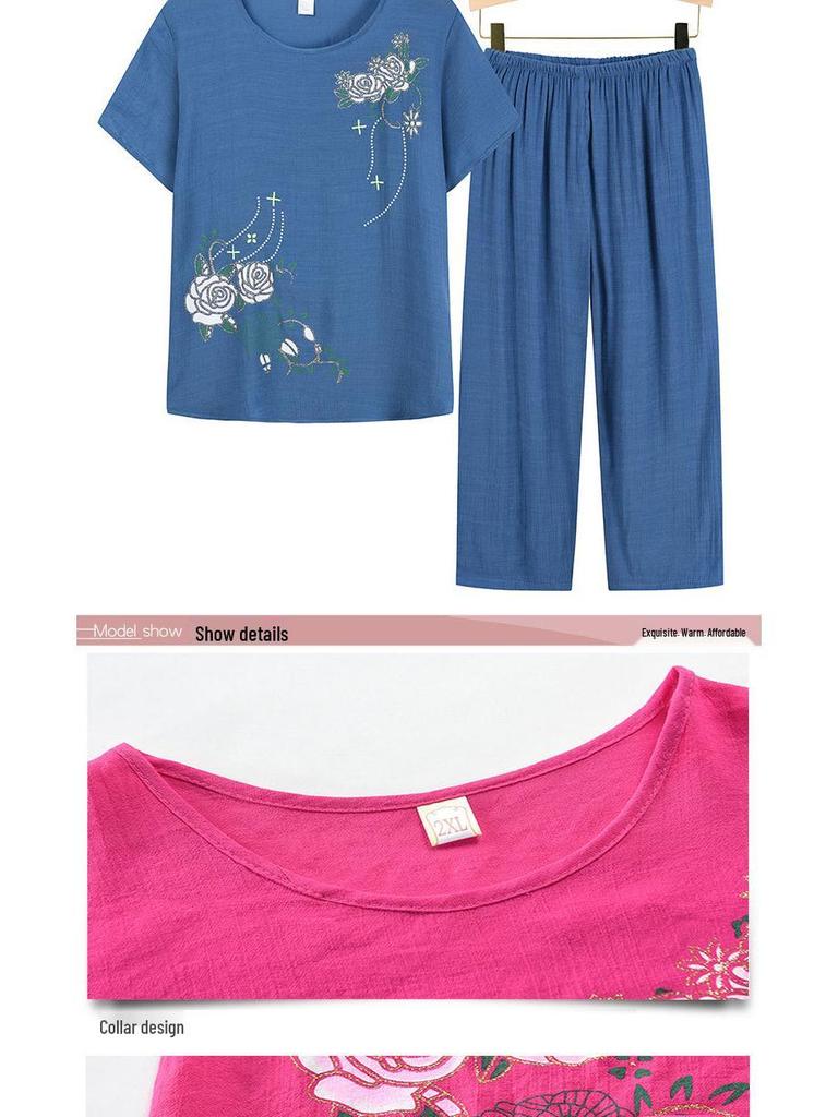 Летний комплект из двух предметов: Футболка с коротким рукавом и пижамные брюки для женщин среднего и пожилого возраста