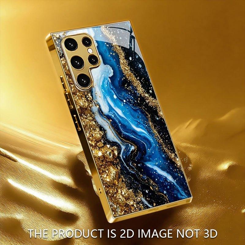 Позолоченный чехол для телефона из закаленного стекла, совместимый с Galaxy S26 S25 S24 S23 S22 Ultra Plus. Имеет золотисто-синюю текстуру.