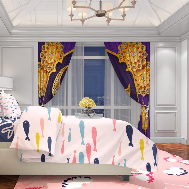 Ramadan Auspicious Lantern Moon Prayer Printed Curtain Polyester Material Suitable Bedroom Living Room Curtains Set Of 2 Made Decor