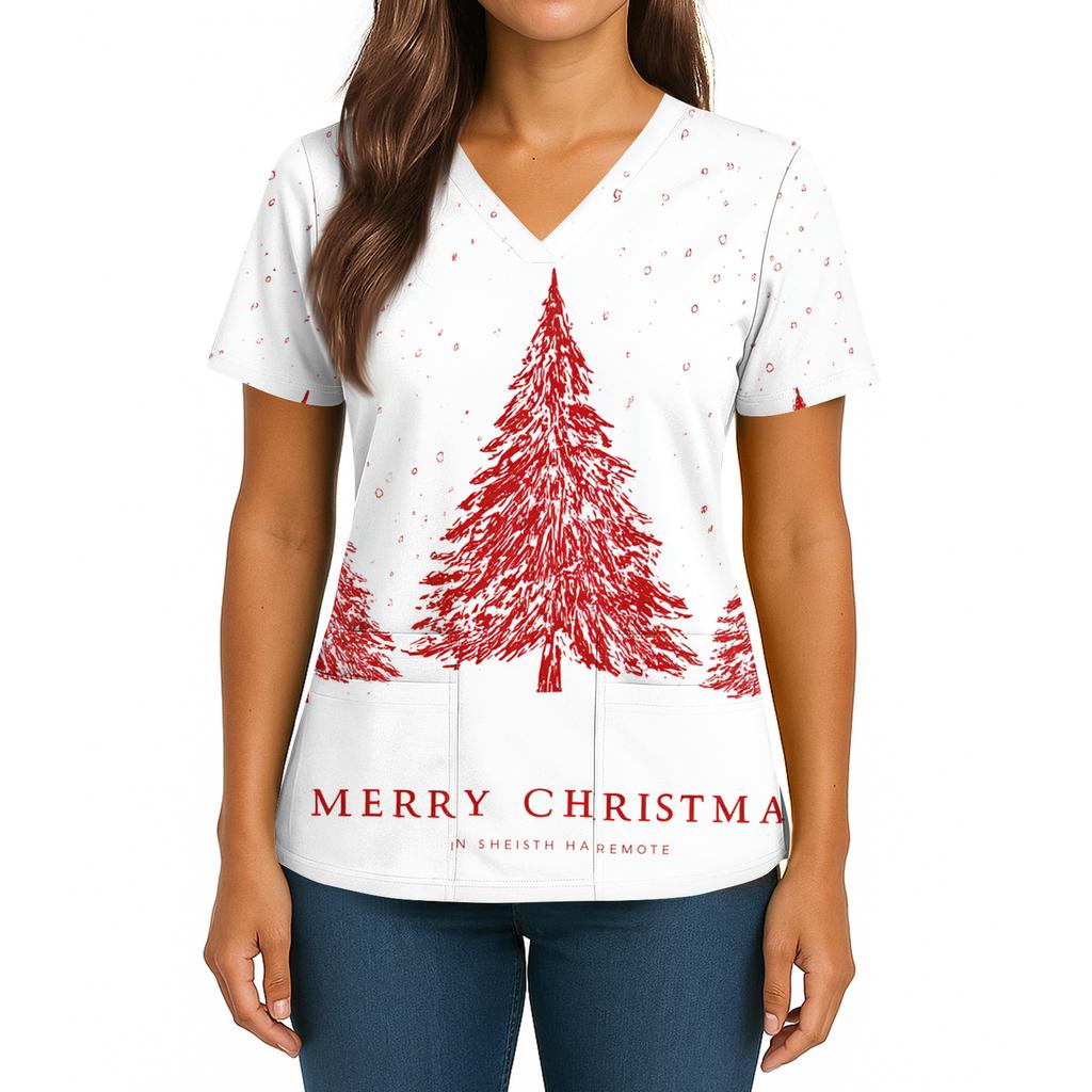 Women's Christmas Print V-Neck Double Pocket Short Sleeves Hem Slit Uniform And Caregiver Top