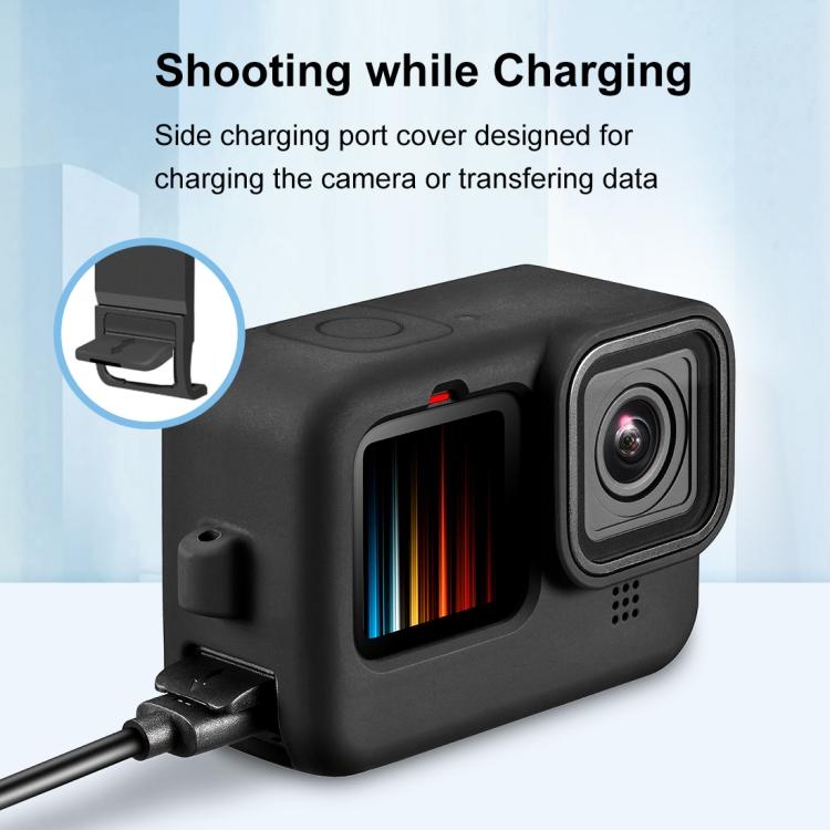PULUZ для GoPro HERO12 Black/11 Black/10 Black/9 Черный силиконовый защитный чехол + боковая крышка интерфейса из POM с ремешком на запястье и крышкой объектива(черный)