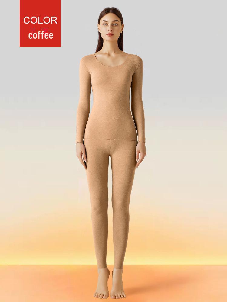 Женский бесшовный комплект термобелья с начесом - облегающий крой с круглым вырезом для осени и зимы