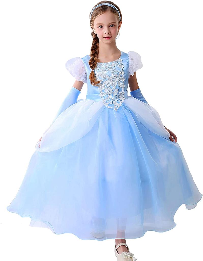 Classic Cendrillon Costume Deluxe Lace Dress Birthday Party Role Play Princess Pretend Fairy Tale Grace Ball Gown for Kids