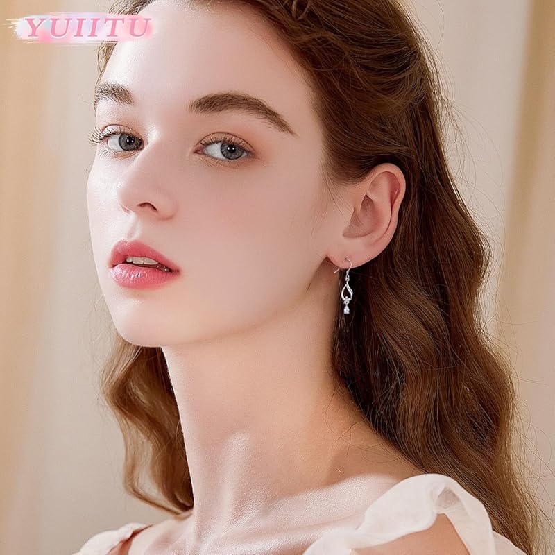 YUIITU Earrings Ladies Popularity Drop Zirconia Hook Sway Earrings Silver Compatible with Metal Allergies Simple Woman Flower Present Anniversary