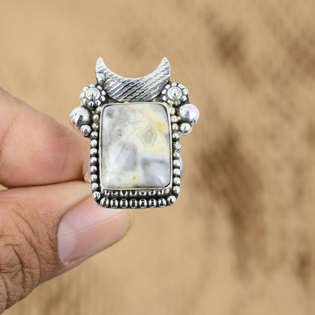 Natural Ocean Jasper Multi Stone Cresent Moon Adjustable Ring 925 Silver