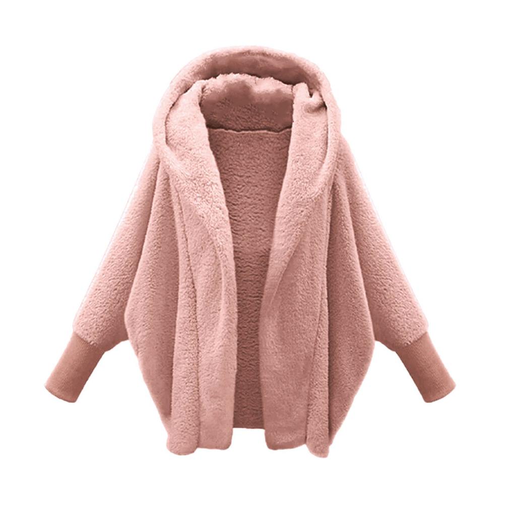 Women's Fashion Loose Retro Warm Solid Color Long Sleeve Hooded Loose Plush Fleece Jacket Women