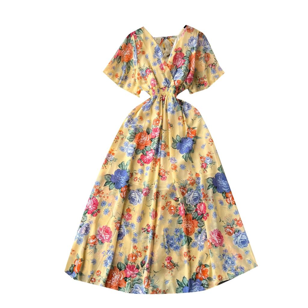 Морское праздничное шифоновое платье с принтом, женское летнее новое обтягивающее талии с v-образным вырезом средней длины, большая распашная юбка, модная