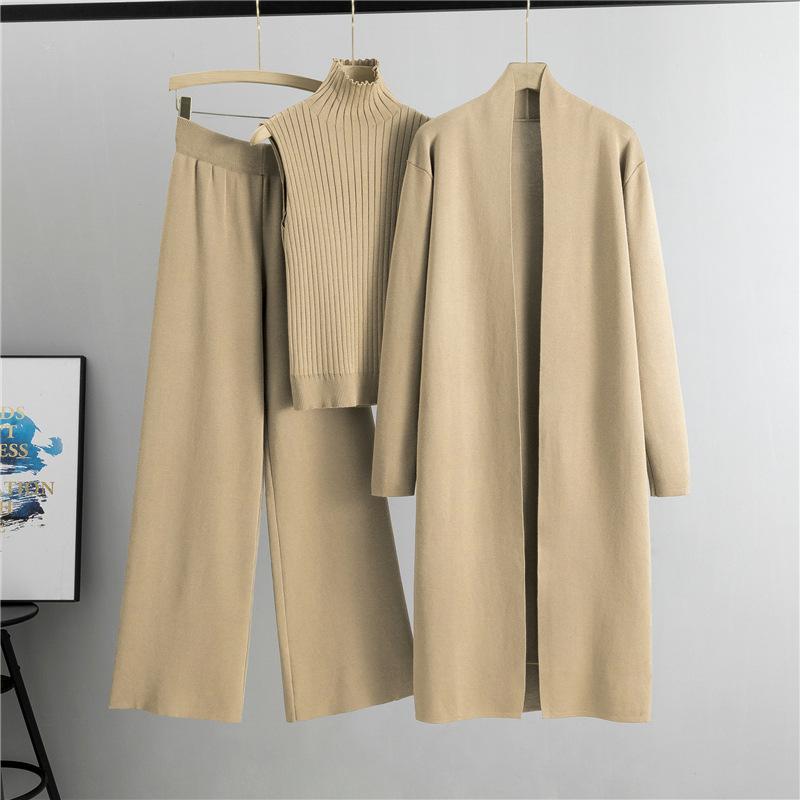 GMXIA Spring and Autumn Laid-back Style Knitted Set, Sleeveless Vest, Sweater, Cardigan and Trousers, Three-piece Set