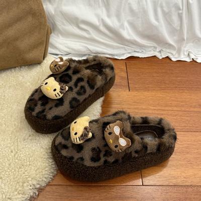 Модные универсальные удобные повседневные пушистые тапочки женские осенне-зимние новые для улицы на толстой подошве с котенком хлопковые тапочки женские