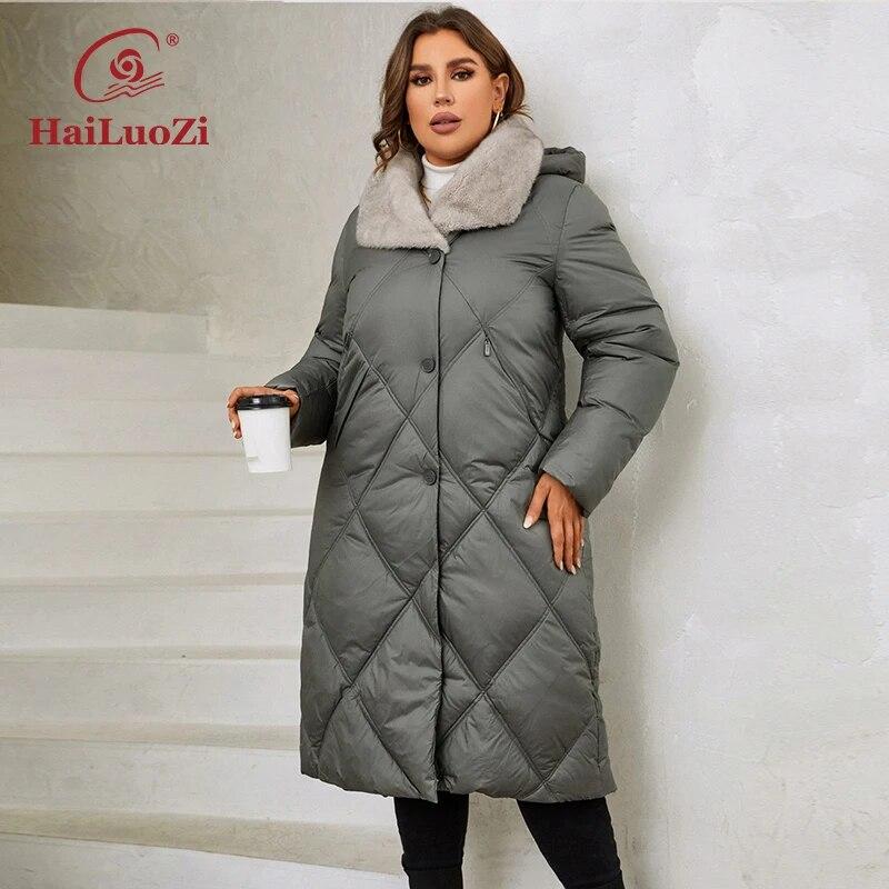 HaiLuoZi Новинка 2023 года, женские зимние куртки больших размеров, длинные теплые парки, элегантные классические стеганые пальто с меховым капюшоном, женские1165