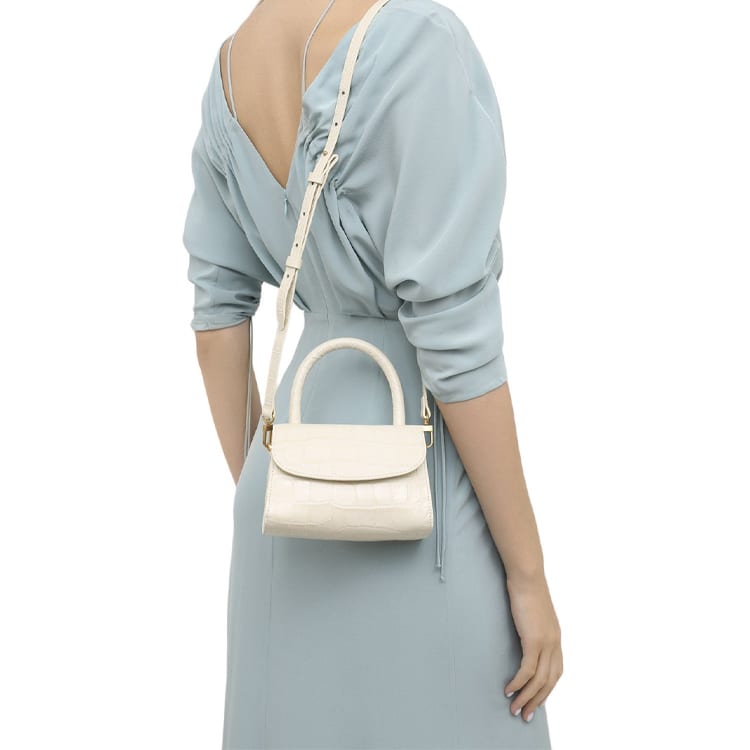 By Far Croco Cow Leather Small Square Bag, Portable Crossbody Bag, Shoulder Bag Mini Women's Cream White 19PFMINACEDSMA