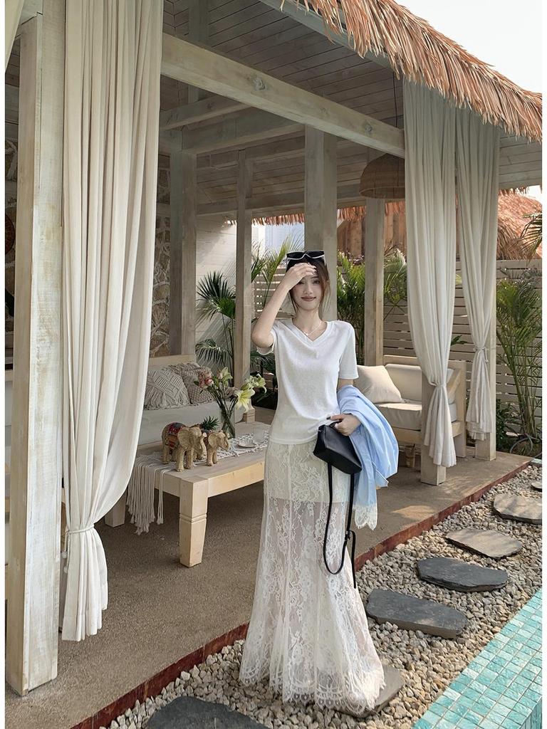 Женская синяя рубашка-жакет с кружевными вставками - корейский дизайн 2025 года, свободный крой, защита от солнца для лета