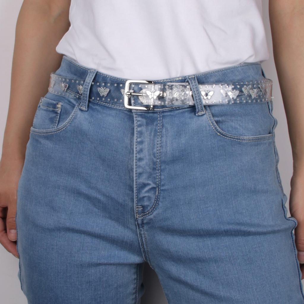 Прозрачный лазерный ремень для женщин, желейный ремень, пластиковый ремень, конфетный AB цвет, тиснение, украшение в виде бабочки, ПВХ тонкий ремень