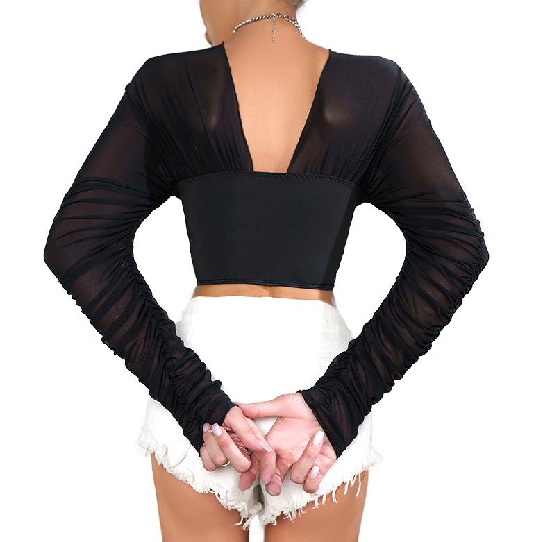 Sexy Waist-Slimming Ruched Mesh Top with Diamond Stacked Sleeves - Autumn/Winter Collection