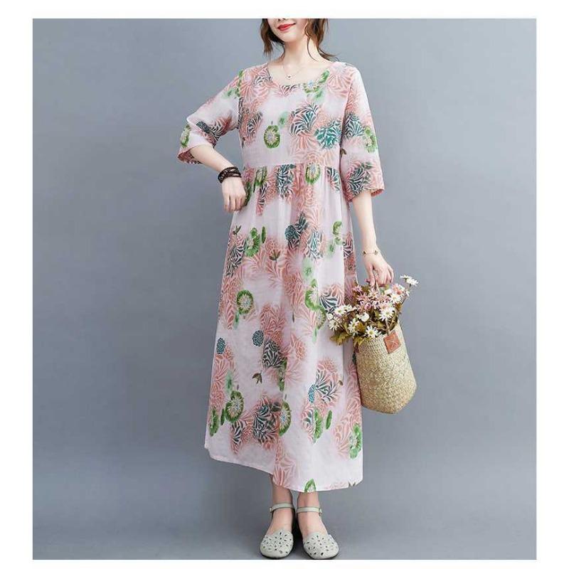 Летние новые большие размеры свободные тонкие круглые вырезы рукава пять минут женские платья для уменьшения возраста