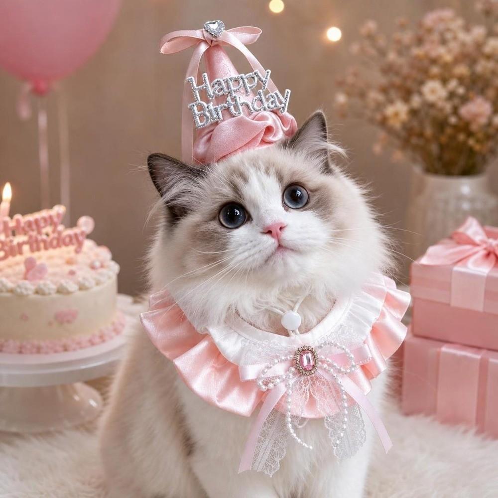 Bowknot Pet Birthday Hat Scarf Set Cute Cat Princess Hat Happy Birthday Cone Hat Puppy Costume