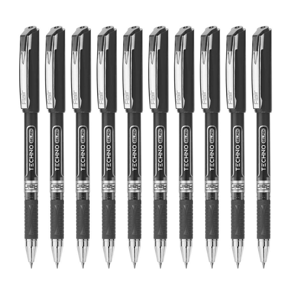 Flair Techno 0.5mm Gel Pen Box Pack of 10 Black Ink Smooth Writing Pens for School Office Journaling and Note Taking