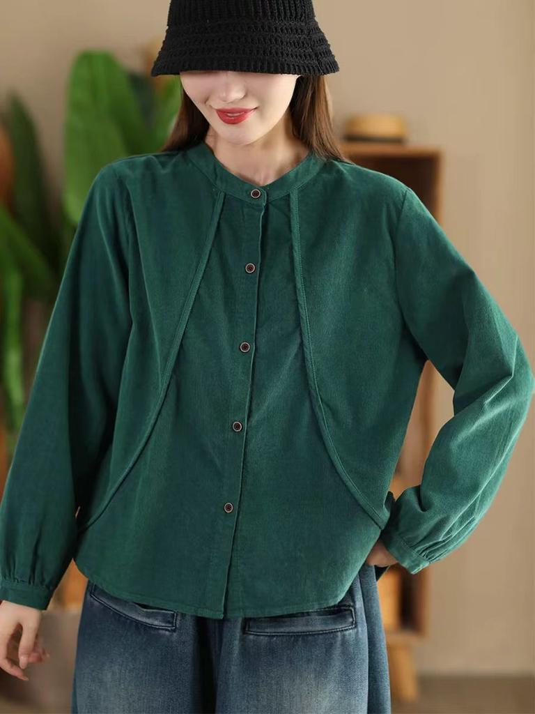 Johnature Woman Autumn Chinese Style Vintage Splicing Turn Down Collar Shirt Long Sleeves Solid Color Corduroy Shirt