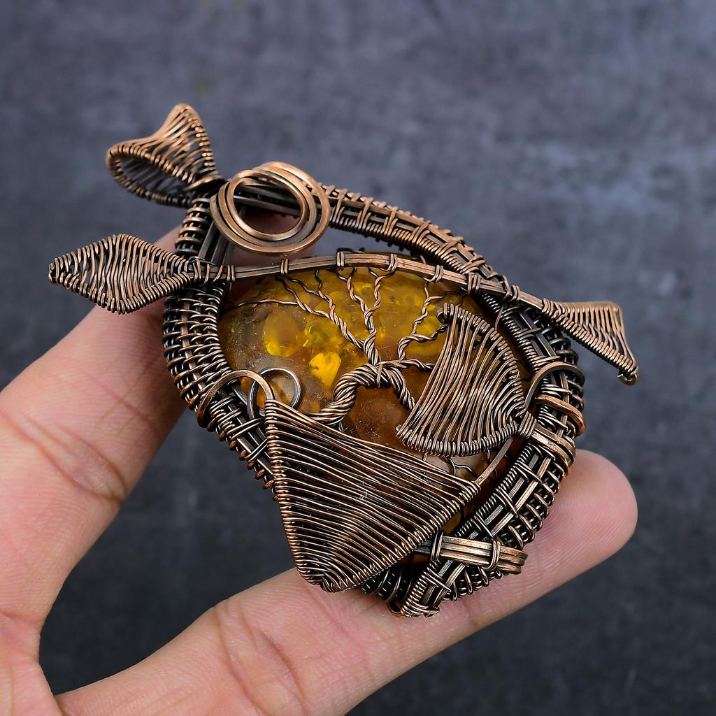 Natural Baltic Amber Gemstone Copper Wire Wrap Jewelry Pendant 3.35" U1B36
