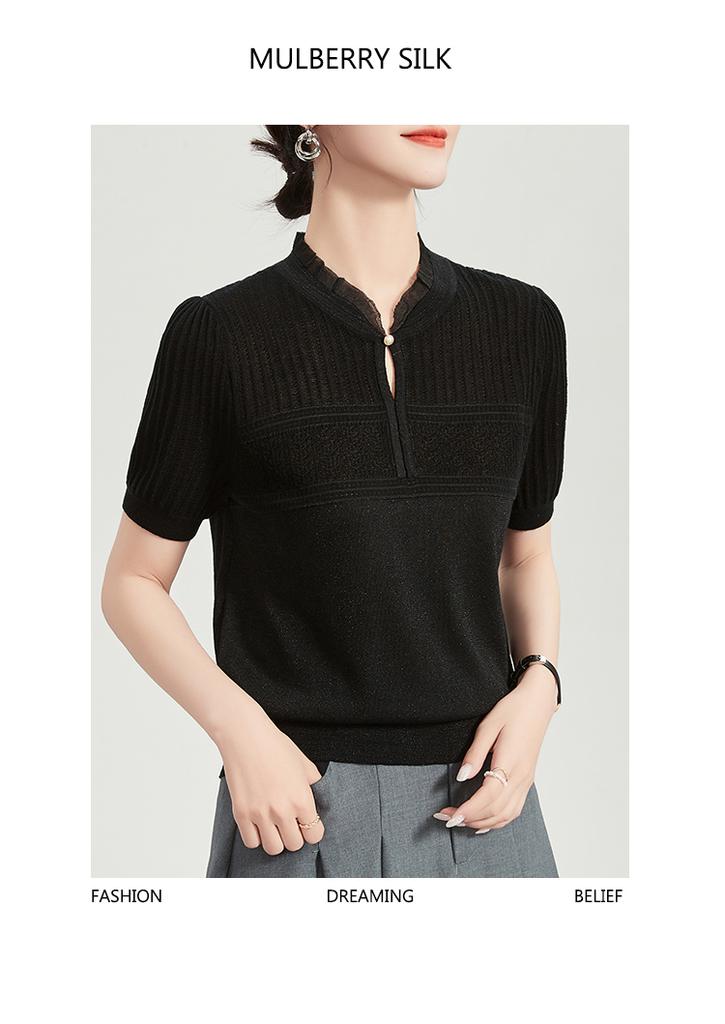 Mulberry silk summer solid color round neck design, pearl three-dimensional decoration, comfortable and breathable women's T-shirt, knitted sweater