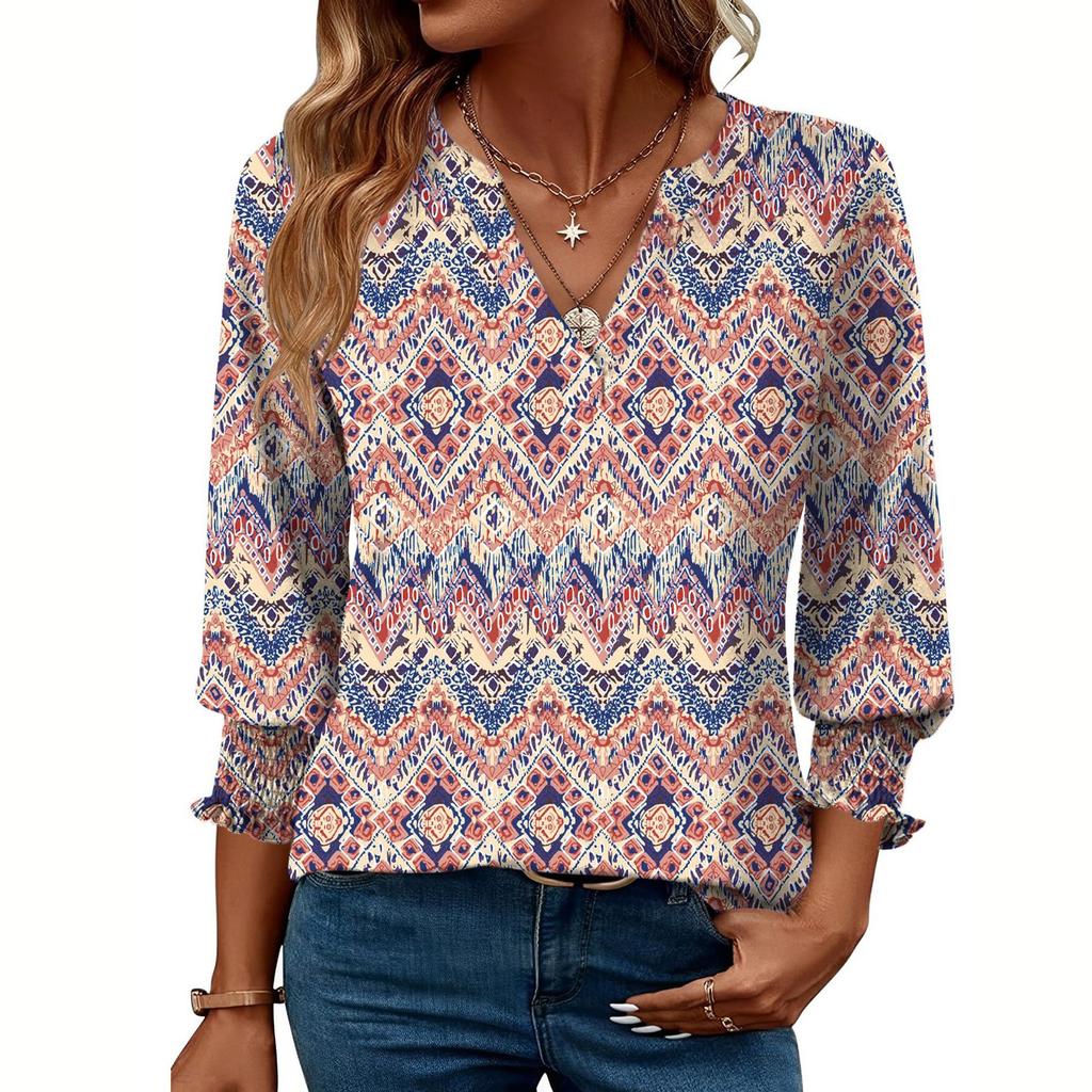 Blouses For Women Dressy Casual 3/4 Length Sleeve Womens Tops O Neck T Shirts With Smocked Cuffs