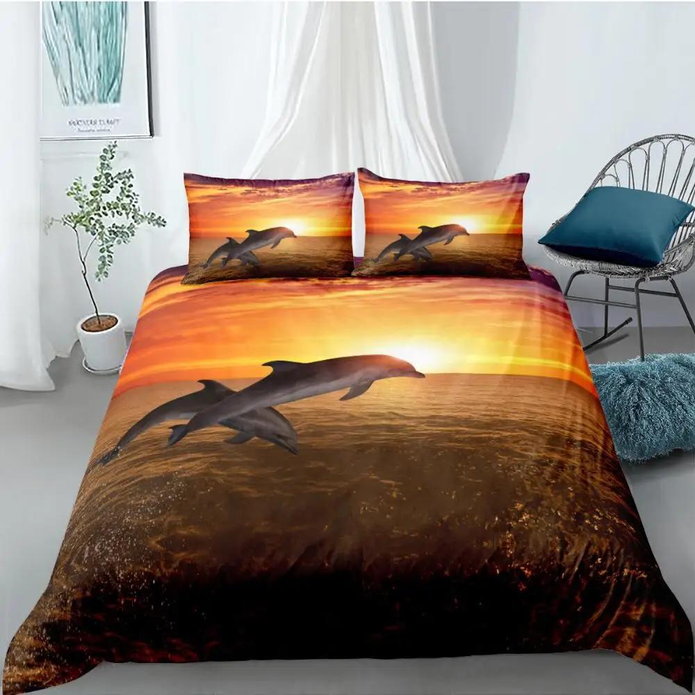 Ocean Duvet Cover Set Queen Double Size Polyester Ocean Animals Fishes Tortoise And Rainbow Color Coral Printed Comforter Cover